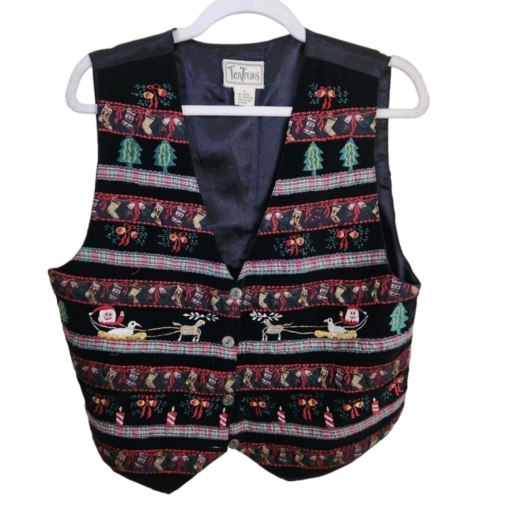 Amazing Vintage Crushed Velvet Santa On A Duck Sleigh Unique Vest Size L